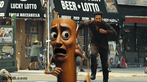 A Man In A Cartoon Costume Is Running Away From A Sausage Man In Front Of A Beer Lotto Store GIF