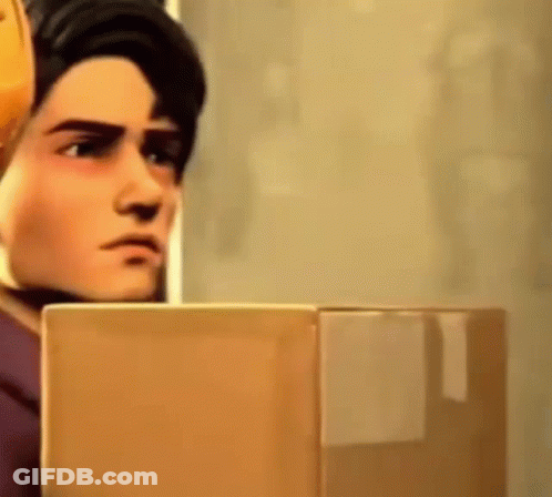 A Man In A Cartoon Is Standing Next To A Cardboard Box . GIF