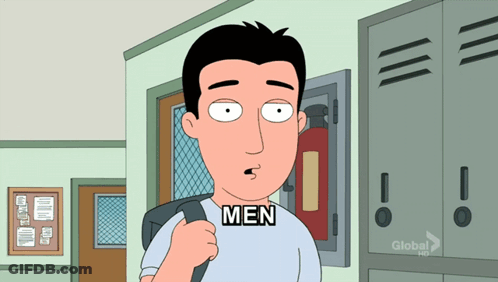 A Man In A Cartoon With The Word Men On His Chest GIF
