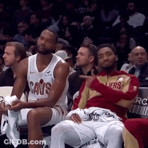 A Man In A Cavs Jersey Is Sitting In The Stands GIF