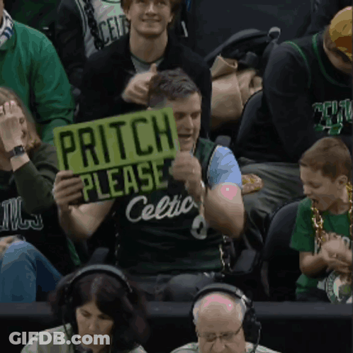 A Man In A Celtics Jersey Holds A Sign That Says Pritch Please GIF