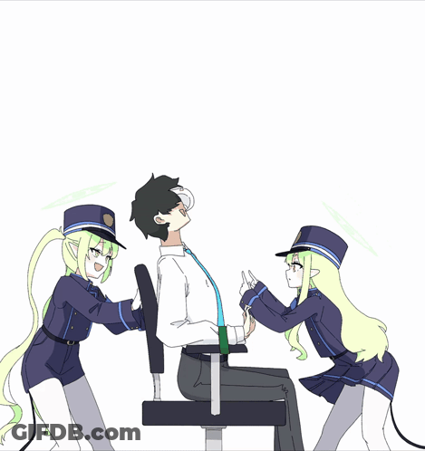 A Man In A Chair Is Surrounded By Two Girls In Uniform GIF