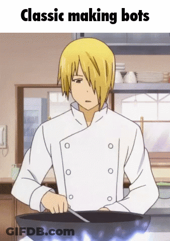 A Man In A Chef 'S Coat Is Cooking In A Frying Pan With The Words Classic Making Bots Below Him GIF