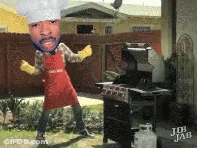 A Man In A Chef 'S Hat And Apron Is Dancing In Front Of A Grill GIF