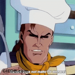 A Man In A Chef 'S Hat Holds A Spatula And Says " Gambit Does Not Make Tv Dinners " GIF