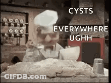 A Man In A Chef 'S Hat Is Sitting At A Table With A Large Piece Of Meat . GIF