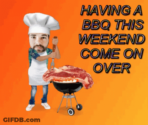 A Man In A Chef 'S Hat Is Standing Next To A Grill With A Large Piece Of Meat On It GIF