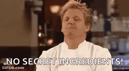 A Man In A Chef 'S Uniform Is Making A Funny Face And Says `` No Secret Ingredients ! '' GIF