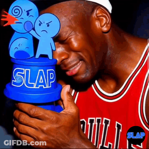 A Man In A Chicago Bulls Jersey Holds A Trophy That Says Slap On It GIF