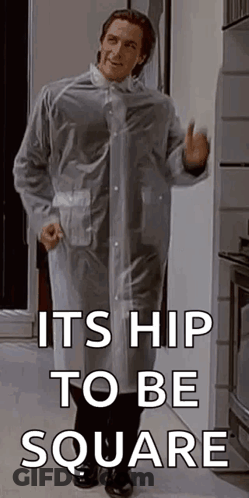 A Man In A Clear Plastic Raincoat Is Standing In Front Of A Refrigerator . GIF