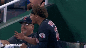 A Man In A Cleveland Jersey Is Sitting In The Stands GIF