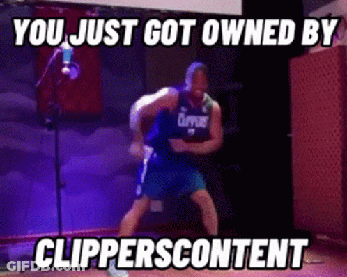 A Man In A Clippers Jersey Is Dancing In Front Of A Microphone With The Caption You Just Got Owned By Clipperscontent GIF