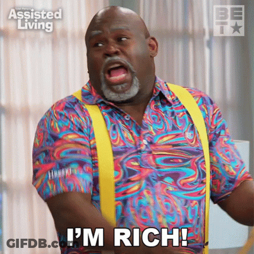 A Man In A Colorful Shirt And Yellow Suspenders Says I 'M Rich GIF