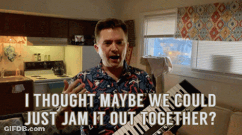 A Man In A Colorful Shirt Is Holding A Keyboard And Says " I Thought Maybe We Could Just Jam It Out Together " GIF