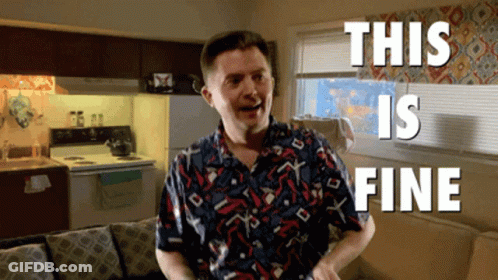 A Man In A Colorful Shirt Is Standing In A Living Room With The Words " This Is Fine " Behind Him GIF