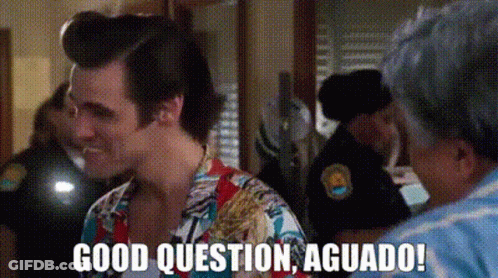 A Man In A Colorful Shirt Is Talking To A Woman And Says `` Good Question , Agudo ! '' GIF
