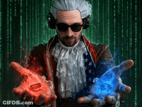 A Man In A Costume Holds A Red And Blue Pill In His Hands GIF
