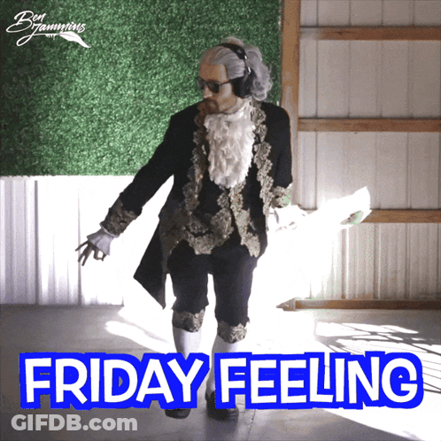 A Man In A Costume Is Dancing In Front Of A Sign That Says " Friday Feeling " GIF