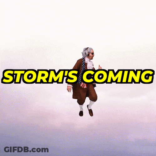 A Man In A Costume Is Flying In The Air With The Words Storm 'S Coming Above Him GIF