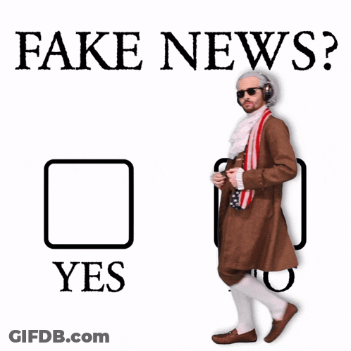 A Man In A Costume Is Standing Next To A Check Mark That Says Fake News GIF