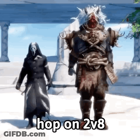 A Man In A Costume Is Standing Next To Another Man In A Costume And Says `` Hop On 2V8 '' . GIF
