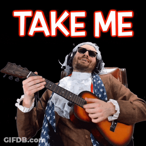 A Man In A Costume Playing A Guitar With The Words Take Me Behind Him GIF