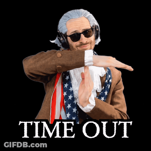 A Man In A Costume With Headphones And Sunglasses Has The Word Time Out Above Him GIF