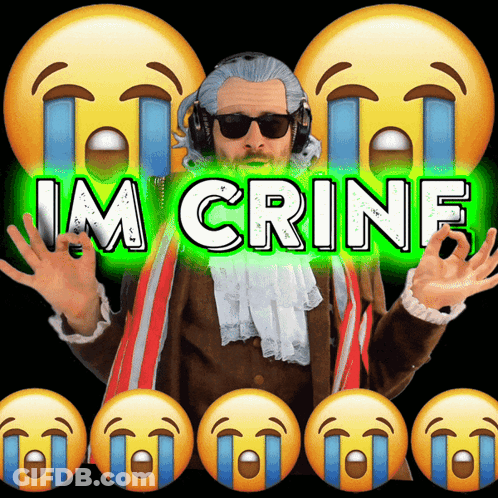 A Man In A Costume With Tears Coming Out Of His Eyes Is Surrounded By Crying Emojis And The Words Im Crine GIF