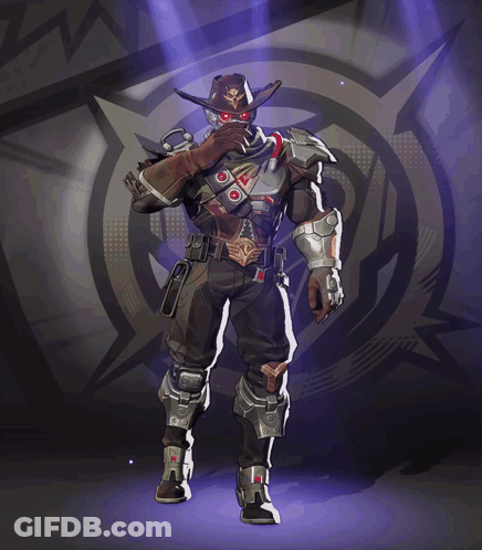 A Man In A Cowboy Hat And Armor Is Standing In Front Of A Purple Background GIF