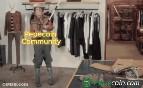 A Man In A Cowboy Hat Holding A Fishing Rod In A Store With Pepecoin Community Written On The Screen GIF