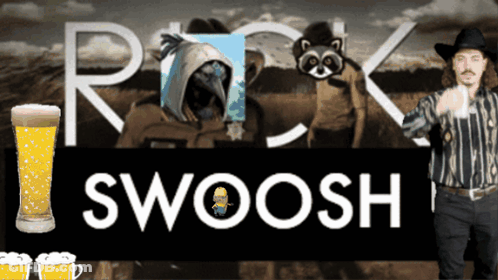 A Man In A Cowboy Hat Holds A Glass Of Beer In Front Of A Sign That Says Rick Swoosh GIF
