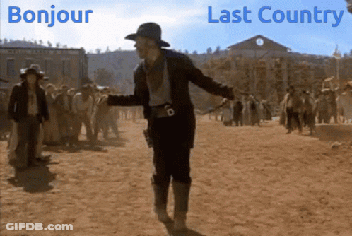 A Man In A Cowboy Hat Is Dancing In Front Of A Sign That Says " Last Country " GIF