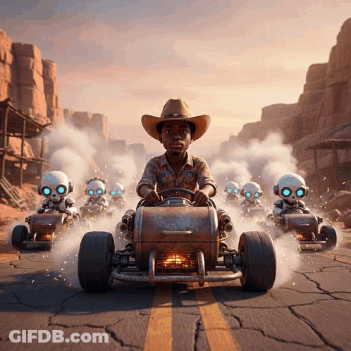 A Man In A Cowboy Hat Is Driving A Go Kart With Robots Behind Him GIF