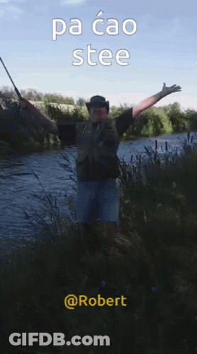 A Man In A Cowboy Hat Is Holding A Fishing Rod In Front Of A River With The Caption Pa Cao Stee GIF