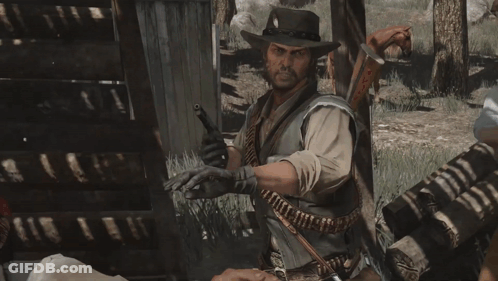 A Man In A Cowboy Hat Is Holding A Gun In A Video Game GIF