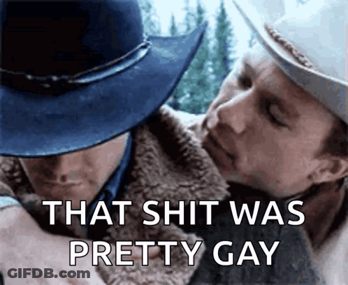 A Man In A Cowboy Hat Is Hugging Another Man With The Caption That Shit Was Pretty Gay . GIF