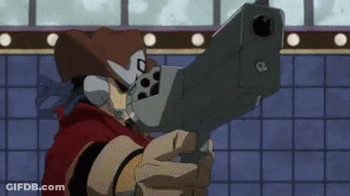 A Man In A Cowboy Hat Is Pointing A Gun At Someone . GIF