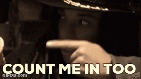 A Man In A Cowboy Hat Is Pointing At The Camera With The Words Count Me In Too Behind Him GIF