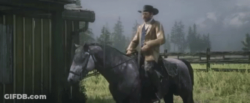 A Man In A Cowboy Hat Is Riding On The Back Of A Horse In A Field . GIF