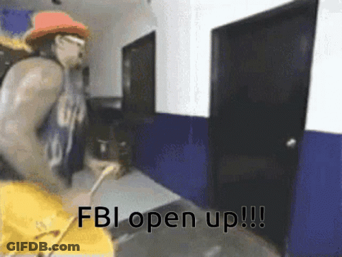 A Man In A Cowboy Hat Is Standing In A Hallway With The Words Fbi Open Up Written On It . GIF
