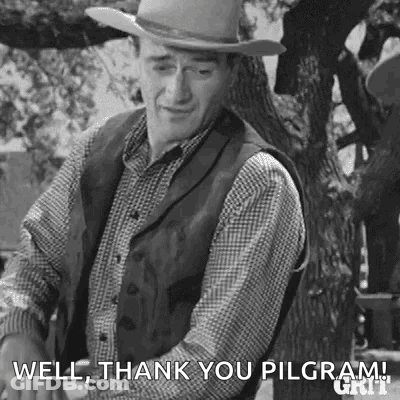 A Man In A Cowboy Hat Is Standing Next To A Tree And Says `` Well , Thank You Pilgrim '' . GIF