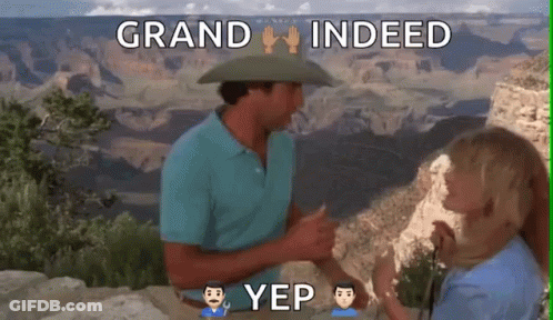A Man In A Cowboy Hat Is Talking To A Woman In Front Of The Grand Canyon GIF