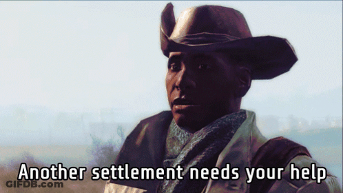 A Man In A Cowboy Hat Says " Another Settlement Needs Your Help " In Front Of Him GIF