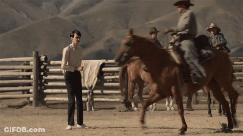 A Man In A Cowboy Hat Stands Next To A Horse GIF