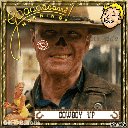 A Man In A Cowboy Hat With A Skull On His Face GIF