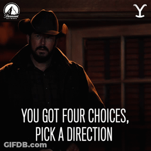 A Man In A Cowboy Hat With The Words You Got Four Choices Pick A Direction Below Him GIF