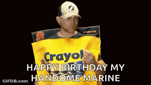 A Man In A Crayola Costume Is Holding A Bag Of Crayola Chips . GIF