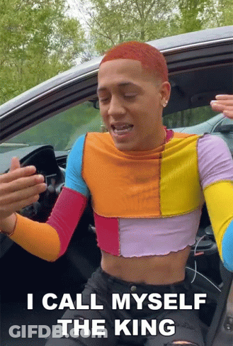 A Man In A Crop Top Is Sitting In A Car And Says I Call Myself The King GIF