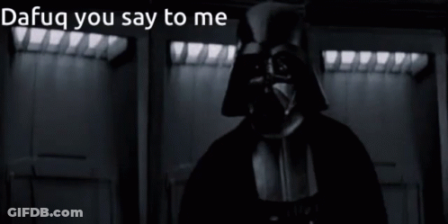 A Man In A Dark Room With The Words " Dafug You Say To Me " On The Bottom GIF