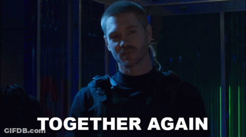 A Man In A Dark Room With The Words Together Again Behind Him GIF